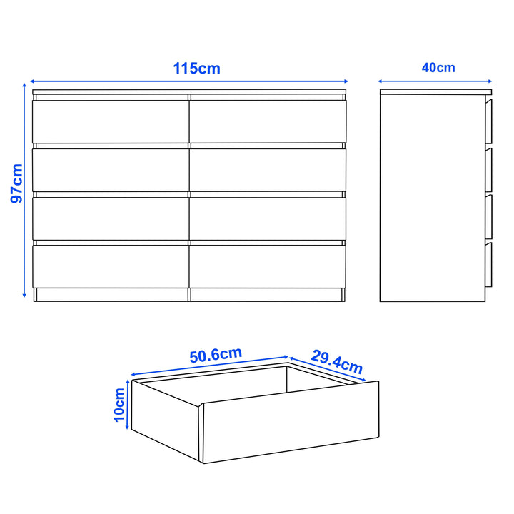[Black] high gloss wide chest of drawers dimensions 115cm x 40cm x 97cm with drawer interior 50.6 x 29.4 x 10