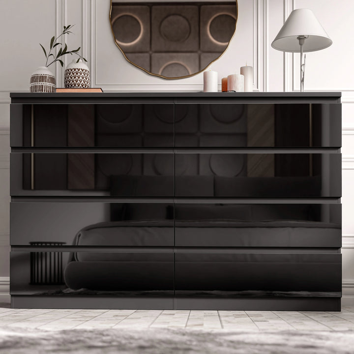[Black] high gloss wide chest of drawers black front view closed under arched mirror with vases and lamp