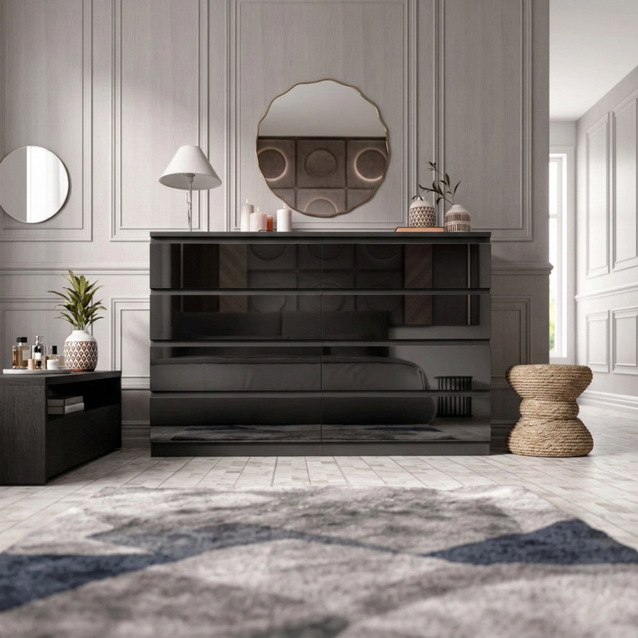 [Black] high gloss wide chest of drawers black straight on with framed mirror above and stool to side
