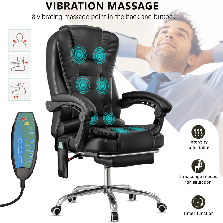 [Black] black office chair with 8-point massage graphic and close-up of remote for adjusting massage settings and duration