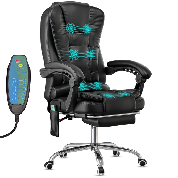 [Black] 8 point massage office chair in black PU leather featuring a remote control and sleek design for professional office comfort