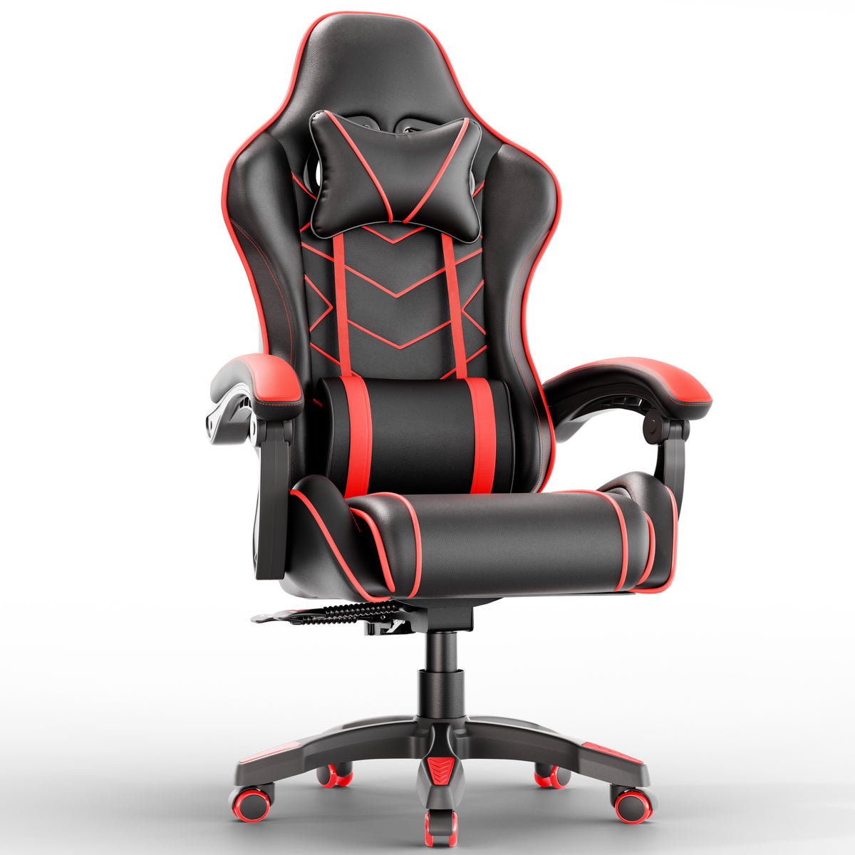 [Black + Red] Ergonomic gaming chair with lumbar support and padded armrest in black and red design. Ideal for long gaming or office sessions with adjustable comfort.