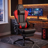 [Black + Red] gaming chair with a headrest, lumbar support, and adjustable armrests, placed in a modern home office setup with a desk.
