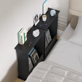 [Walnut + Black] two slim walnut and black side tables aligned at bedside, books in storage compartments