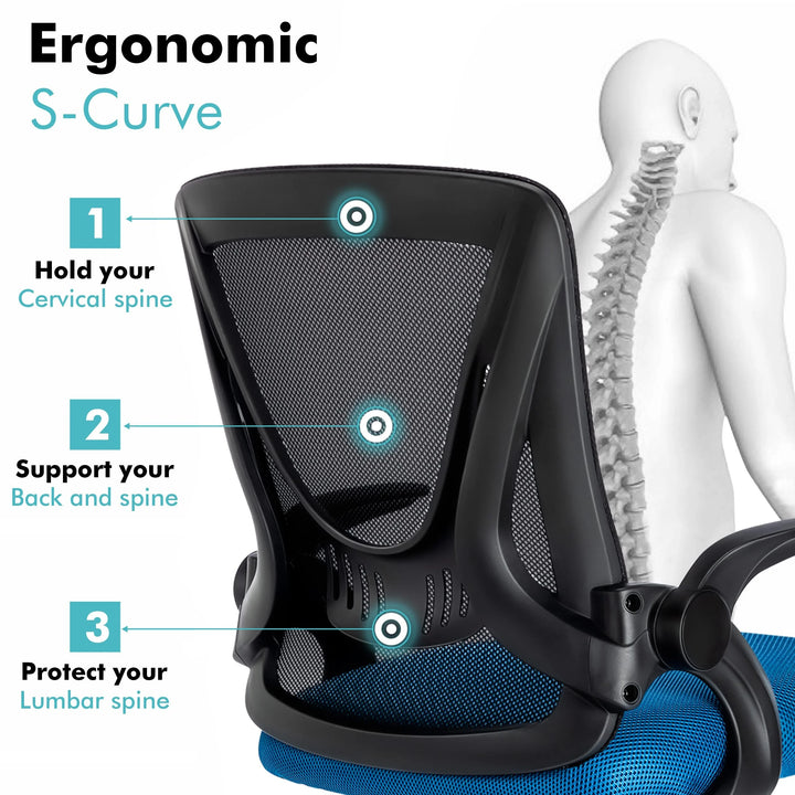 [Black+ Blue] Black and blue office chair with ergonomic mesh backrest, promoting healthy posture for long working hours.