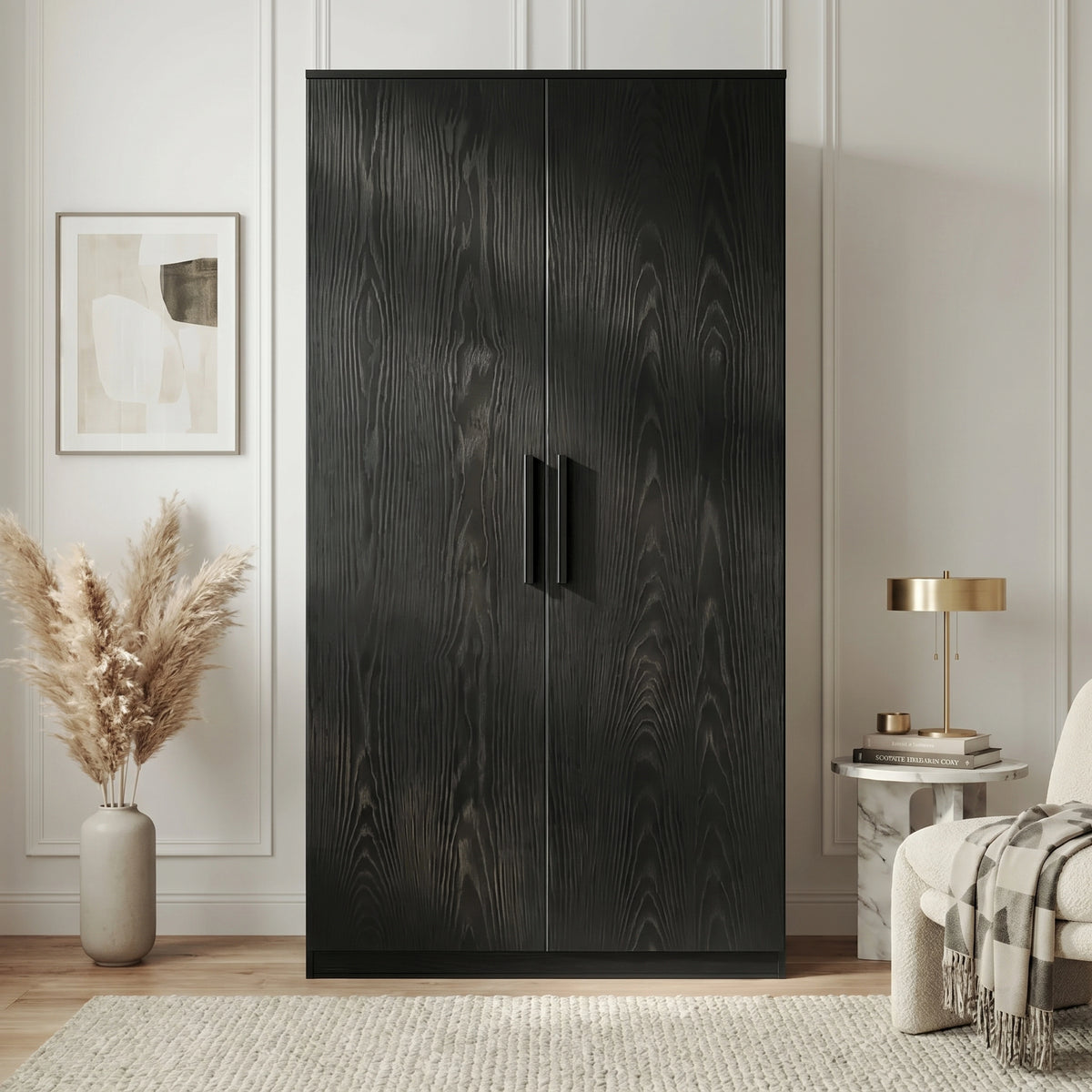 [Black] Blythe wardrobe front-facing view with textured ash wood grain double doors and slim matte black handles
 