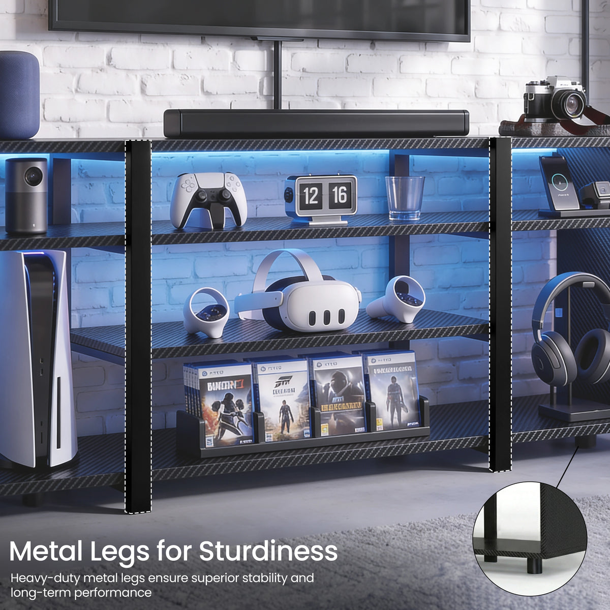 [Black Carbon Fibre] Zelumi TV stand with TV placed on top, blue LED shelves loaded with consoles with sturdy iron legs