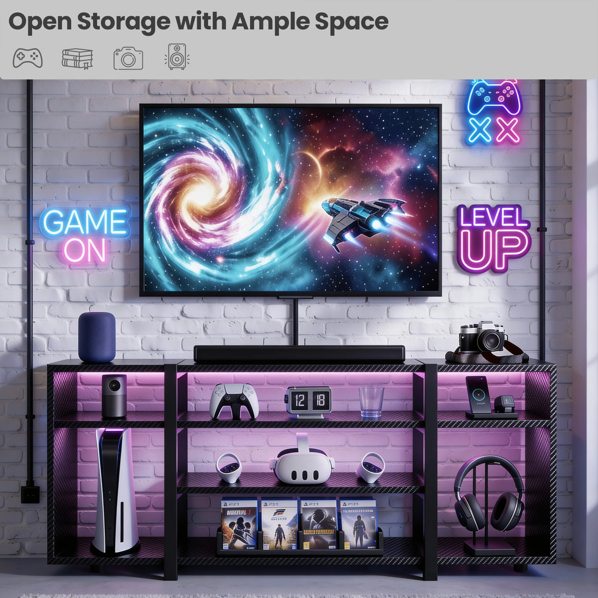 [Black Carbon Fibre] Zelumi TV stand in a gaming room with purple LED shelves, consoles, VR headset, soundbar, and neon wall signs in the background