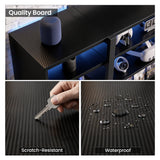 [Black Carbon Fibre] Zelumi TV stand three-panel detail showing carbon fibre board quality, scratch-resistant key test, and waterproof surface finish