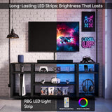 [Black Carbon Fibre] Zelumi TV stand split-view showing blue and purple RGB LED lighting modes with gaming consoles and accessories on open shelves