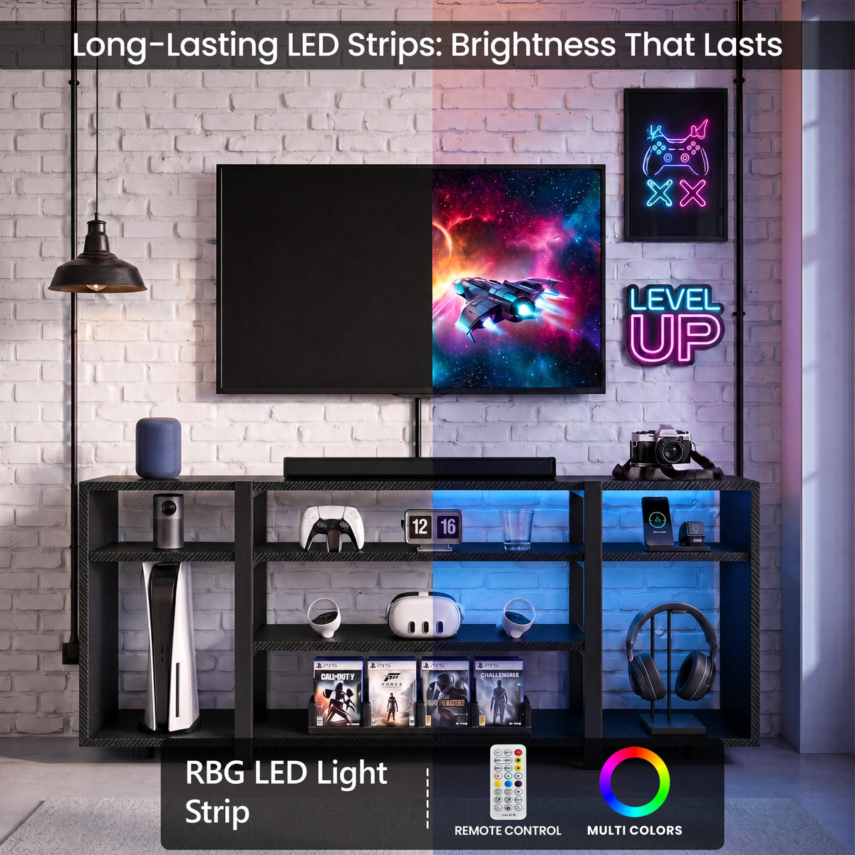 [Black Carbon Fibre] Zelumi TV stand split-view showing blue and purple RGB LED lighting modes with gaming consoles and accessories on open shelves