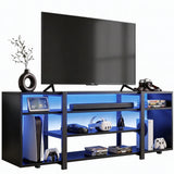 [Black Carbon Fibre] Zelumi TV stand on white background with TV placed on top, blue LED shelves loaded with consoles, VR gear and decorative items