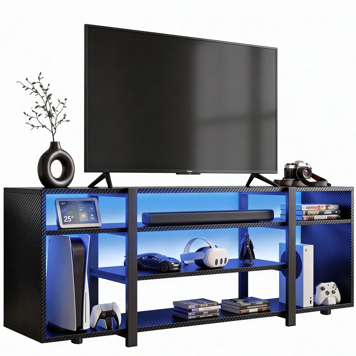[Black Carbon Fibre] Zelumi TV stand on white background with TV placed on top, blue LED shelves loaded with consoles, VR gear and decorative items