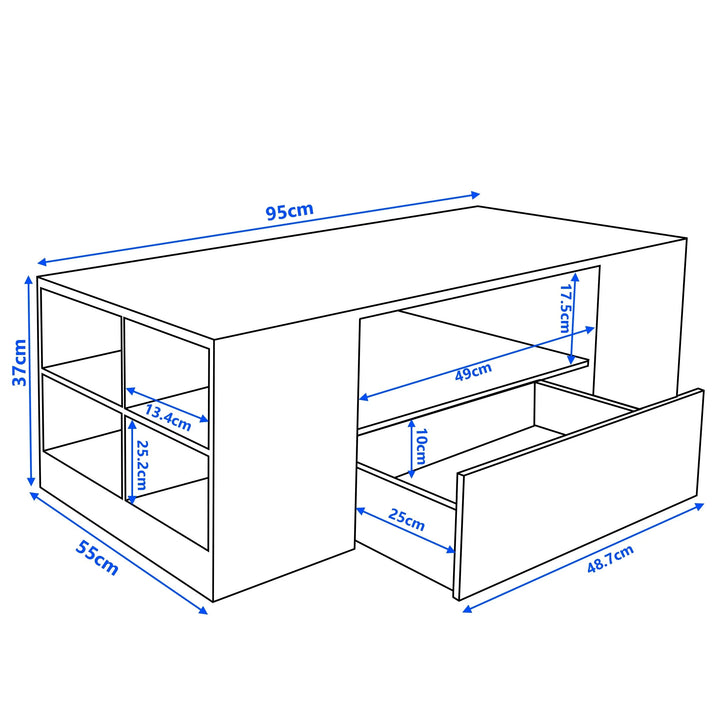 [Black] Schematic of black LED coffee table marked 95cm x 55cm x 37cm with 48.7cm drawer width labelled