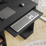 [Black] Black home office desk detail showing extended keyboard tray and base shelf below the work surface