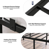 [Black | Double] Graphic showing U-shaped frame joints, anti-slip mattress supports and folding metal slats.