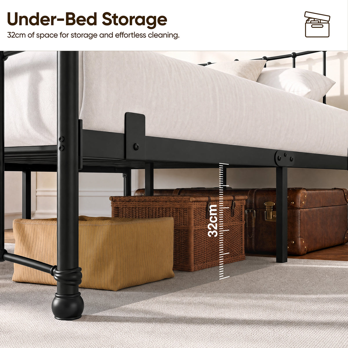 [Black | Double] Graphic showing 32 cm space under the black bed frame, with baskets and luggage stored below.