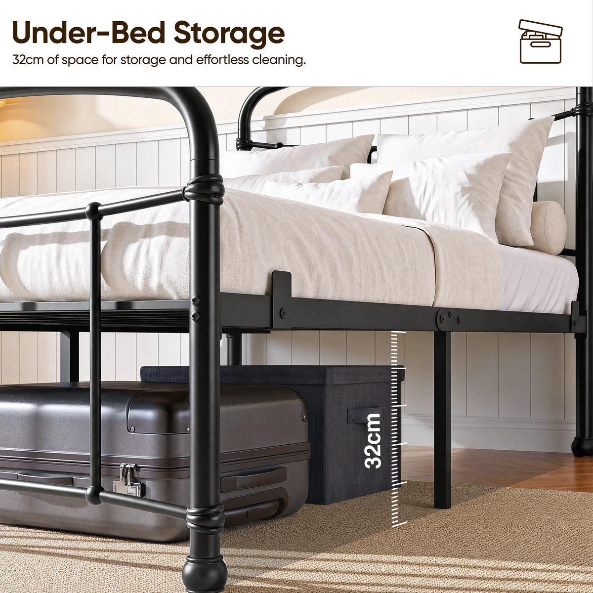 [Black | Single] Graphic showing 32 cm space under the black bed frame, with baskets and luggage stored below.