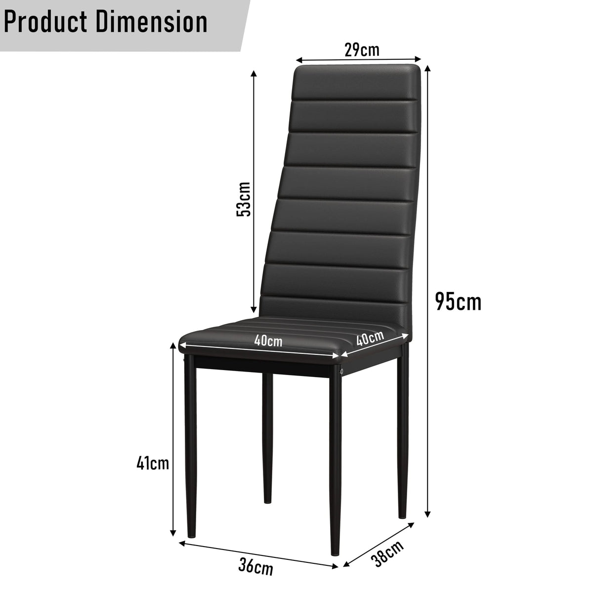 [6 Seater | Black] dimensions of a dining chairs: 95cm height, 40cm seat width, part of dining table 6 seater set.
