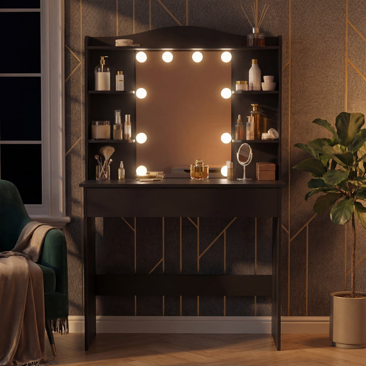 [Black]  Makeup vanity with mirror and lights in a room setting