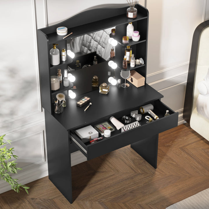 [Black]  dressing table with mirror and storage shelves with beauty essentials neatly arranged in open drawer and 5 shelves