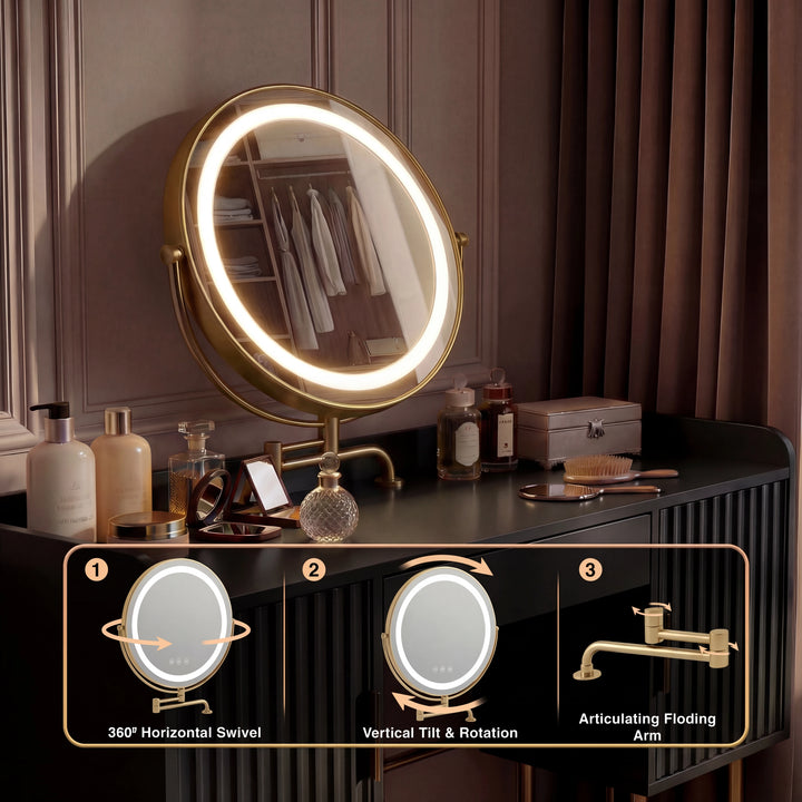 [Black] Dressing table LED mirror graphic showing a 360-degree horizontal swivel, vertical tilt, and articulating folding arm