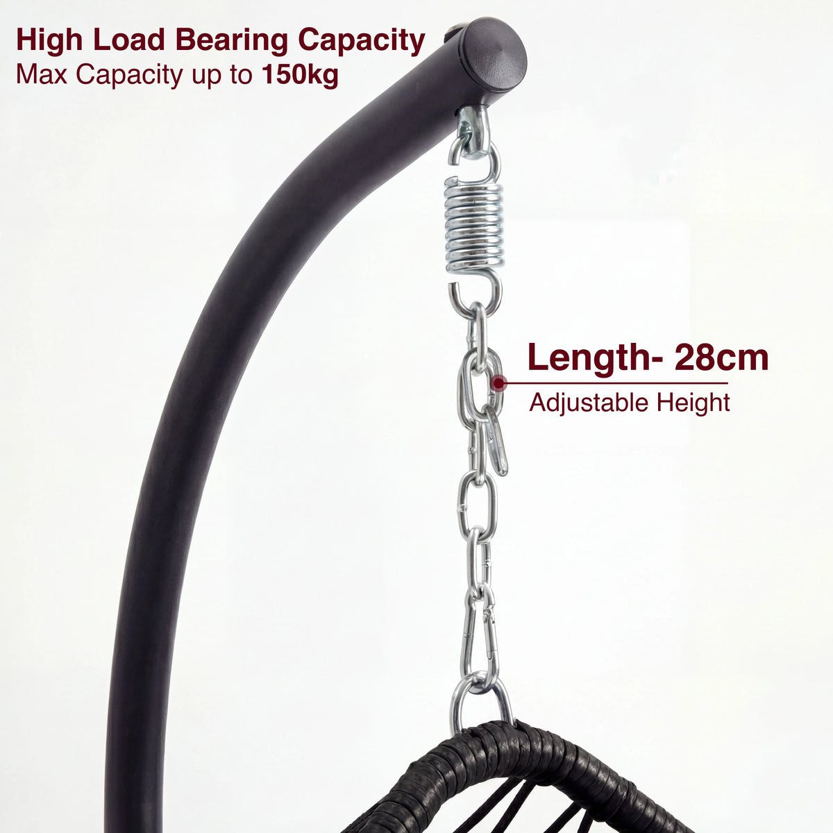 [Black] Close-up of black egg chair stand top showing spring, S-hook and 28cm adjustable hanging chain
