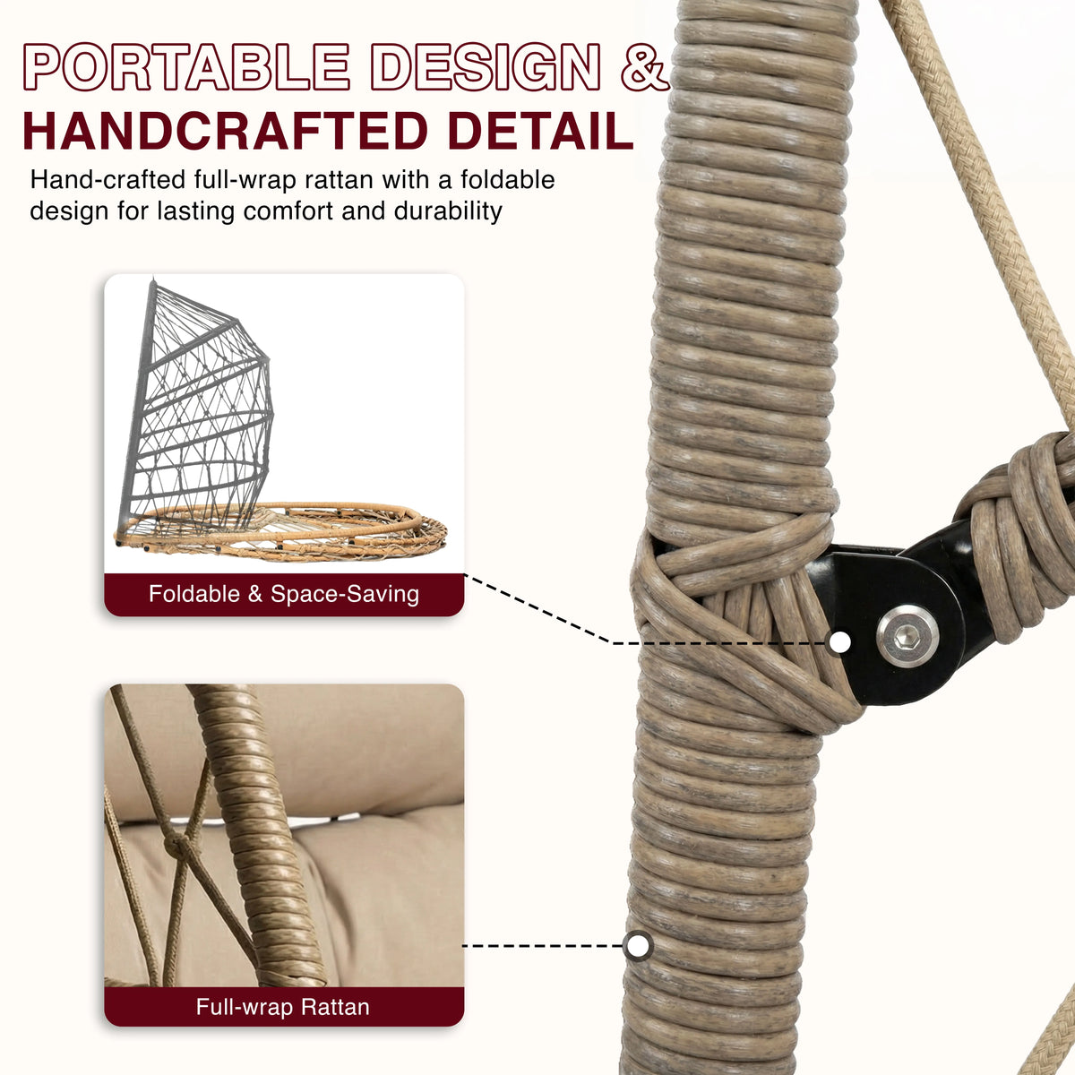 [Natural] Detail shot of beige rope-wrapped frame with foldable space-saving hinge on natural egg chair