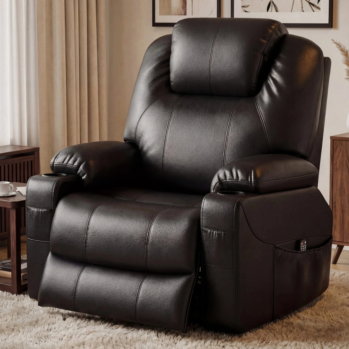 [Black] Electric Recliner Chair For Elderly in black leather with heat and massage functions, ideal for living rooms or bedrooms. Features side pocket and remote control.