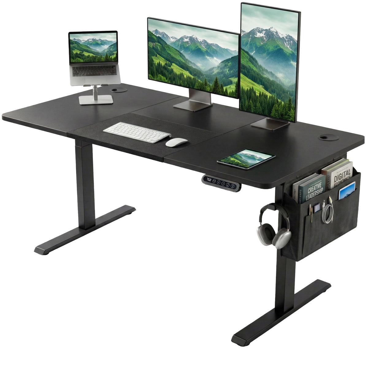 [140cm x 60cm] Electric Standing Desk Height Adjustable displaying a triple-screen layout on a black desktop with a laptop, horizontal monitor, vertical display screen, and a fabric side pocket organizer