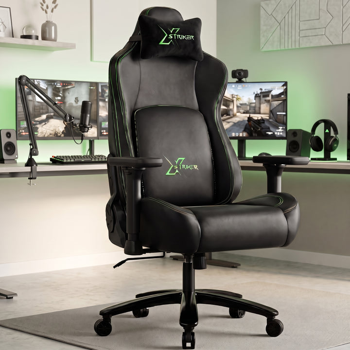 [Black] Ergonomic Gaming Chair with Headrest and Lumbar Support shown at an angle within a green-lit stream setup.