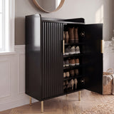 [Black] Fluted Black Painted 5 Tier Shoe Storage shown open with fluted doors, gold legs