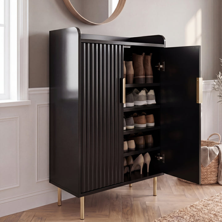 [Black] Fluted Black Painted 5 Tier Shoe Storage shown open with fluted doors, gold legs