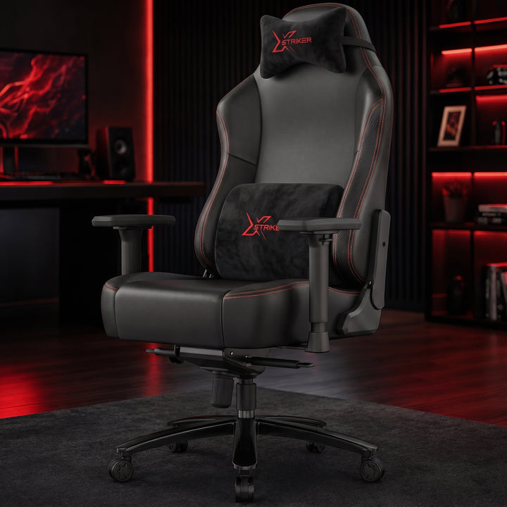 [Black] Xstriker High-Back Ergonomic Gaming Chair with Lumbar Support placed on a rug in a gaming room.