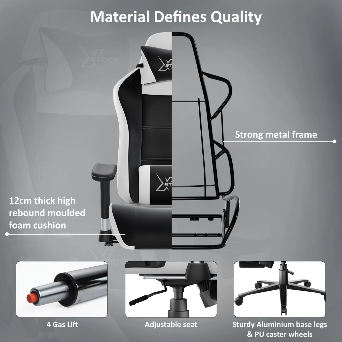 [Black] Gaming chair with features highlighted on a gray background