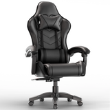 [Black] Gaming chair for adults with lumbar support and padded armrest in black leather finish, ideal for long gaming or office sessions. Features high backrest, headrest pillow.