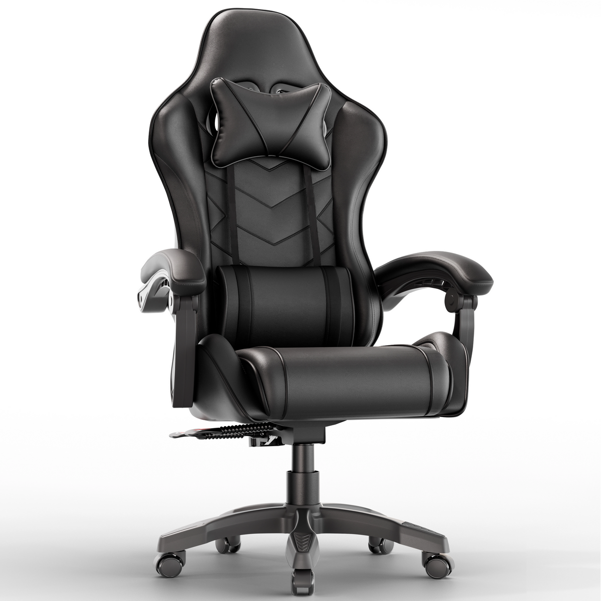[Black] Gaming chair for adults with lumbar support and padded armrest in black leather finish, ideal for long gaming or office sessions. Features high backrest, headrest pillow.