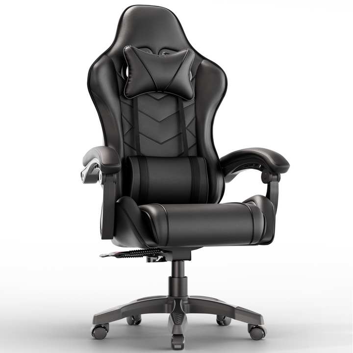 [Black] Gaming chair for adults with lumbar support and padded armrest in black leather finish, ideal for long gaming or office sessions. Features high backrest, headrest pillow.