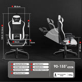 [Black] Gaming chair with dimensions and features displayed on a black background