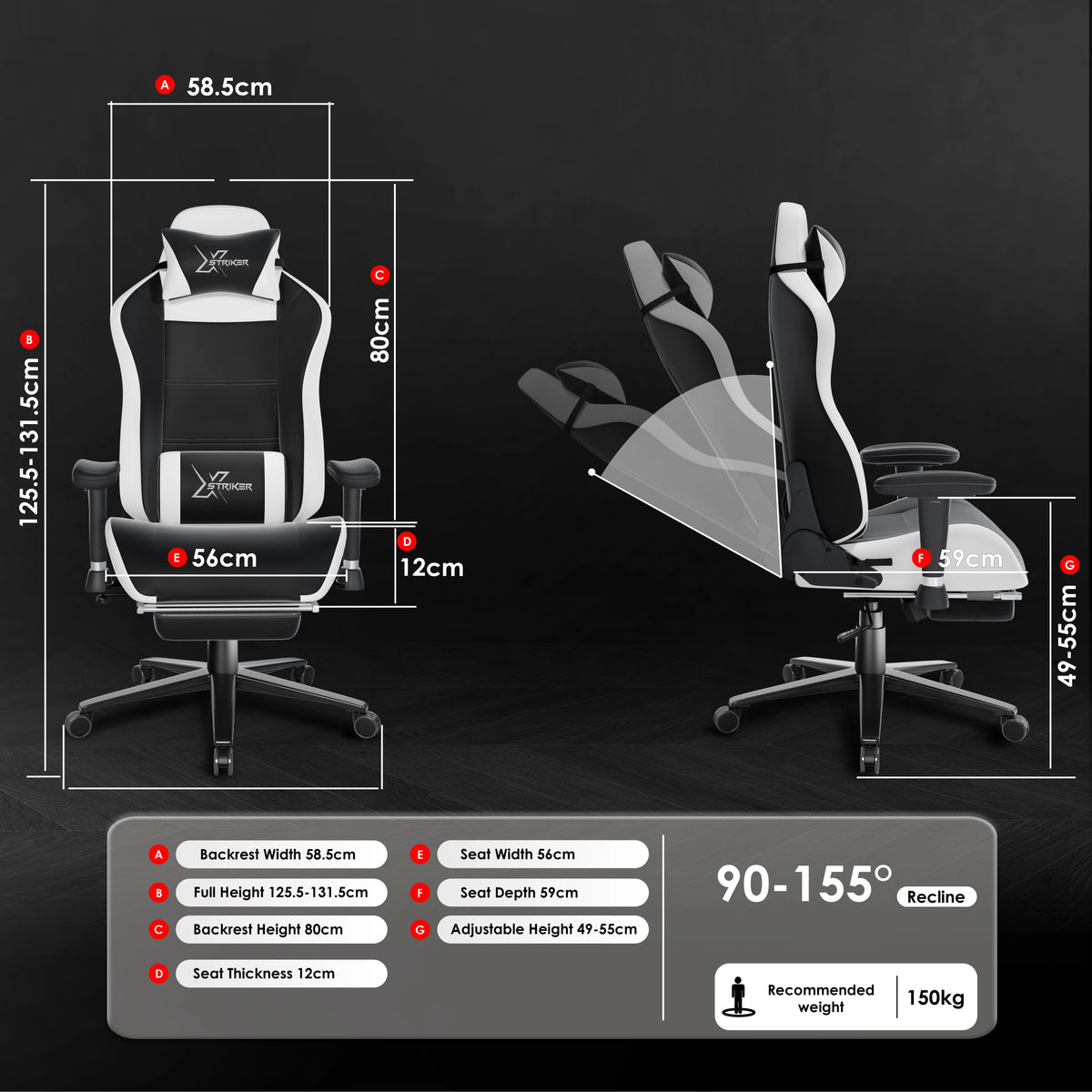 [Black] Gaming chair with dimensions and features displayed on a black background