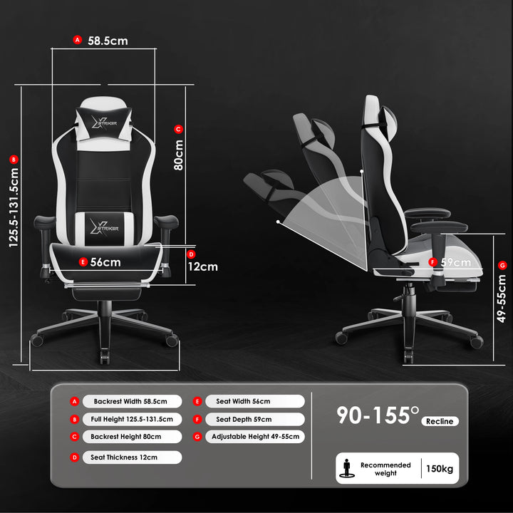 [Black] Gaming chair with dimensions and features displayed on a black background