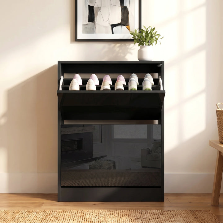 [Black] glossy slim shoe cabinet for hallway reflecting living room furniture pieces on the front panel