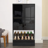 [Black] Slim shoe cabinet for hallway with its bottom drawer open in a front view, holding multiple pairs of shoes.