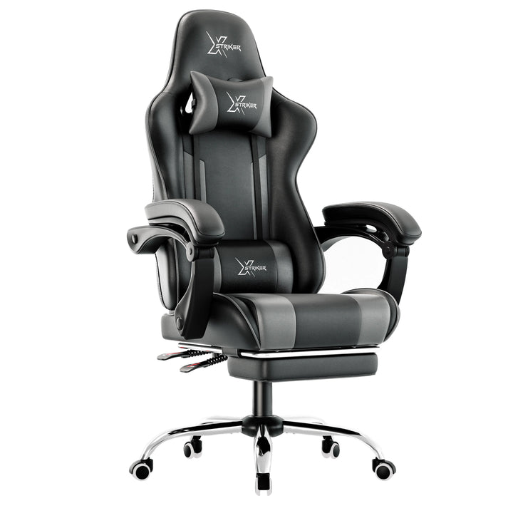 [Black + Grey] Xstriker office Chair With Footrest in black and grey, featuring ergonomic design, lumbar support, and retractable footrest for home or office use.
