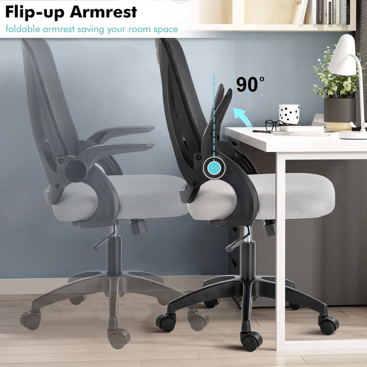 [Black + Grey] Black and grey comfy desk chair with flip-up armrests, ideal for small office spaces.