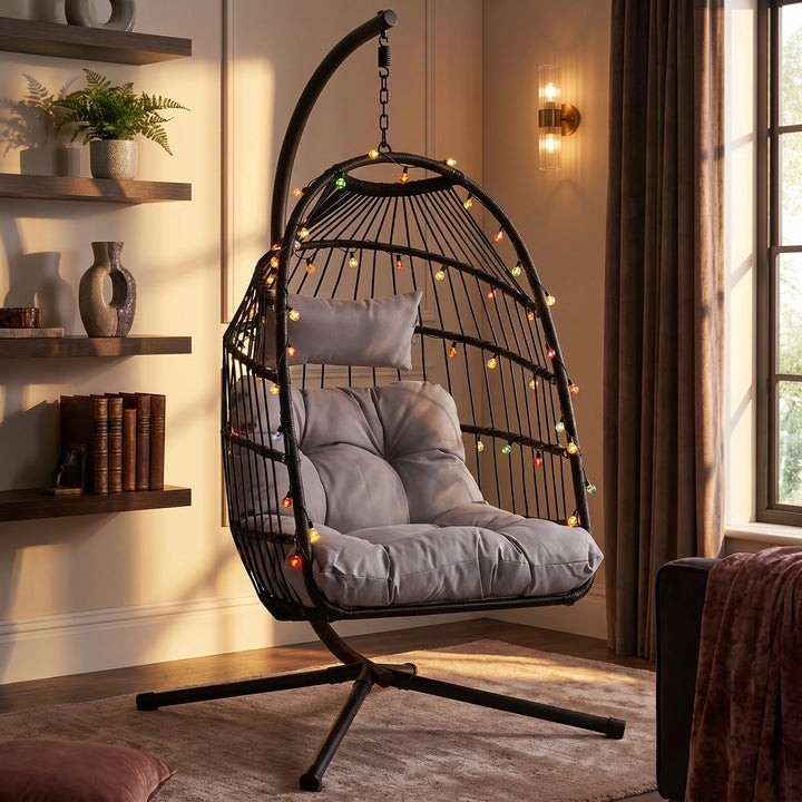 [Black] foldable hanging egg chair with stand, cushioned seat and indoor outdoor garden relaxation design