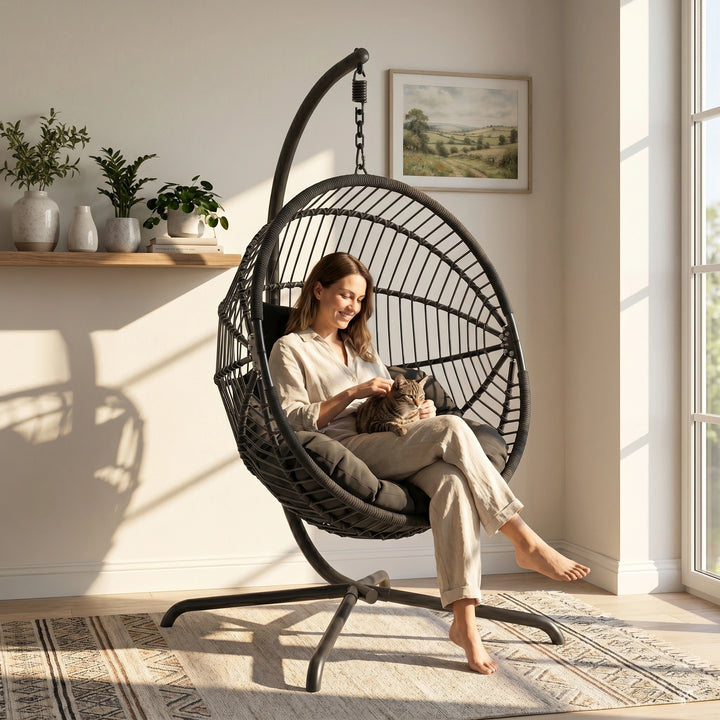 [Black] Woman sitting in a black hanging chair with a cat, in a bright room with plants and a painting