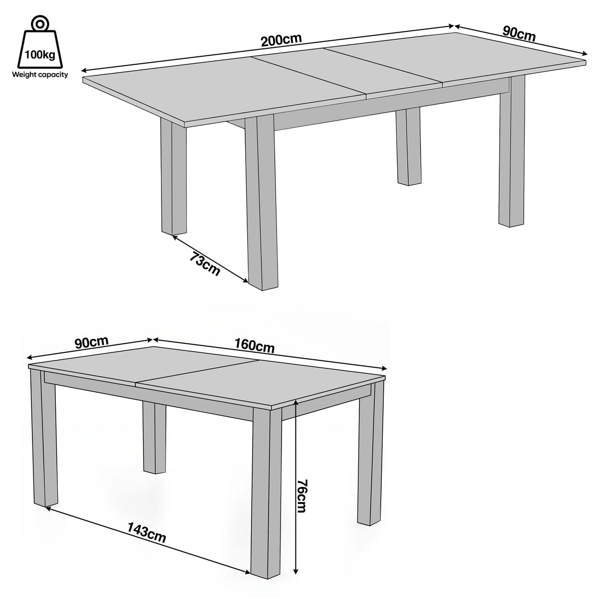 [160cm | Black] Extendable table size guide showing 160-200 x 90 x 76cm, 73cm clearance, 143cm leg space and 100kg capacity.