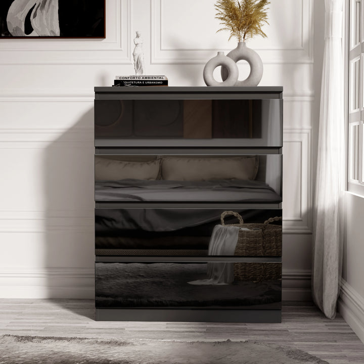 [Black] 4 drawer chest in black gloss finish, shown with pampas in vase and books on top