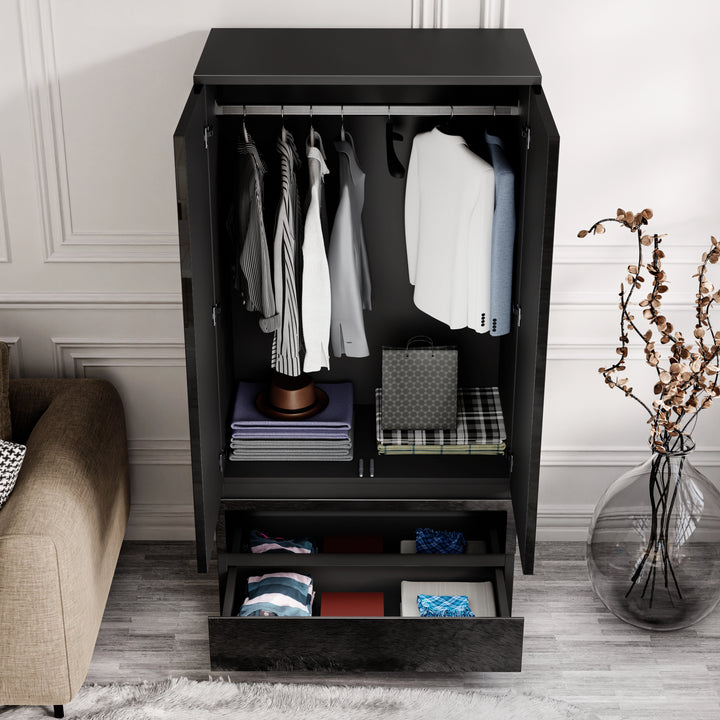 [Black] Interior view of black high gloss 2 door wardrobe with hanging space and drawers, part of the 3 piece bedroom furniture set.